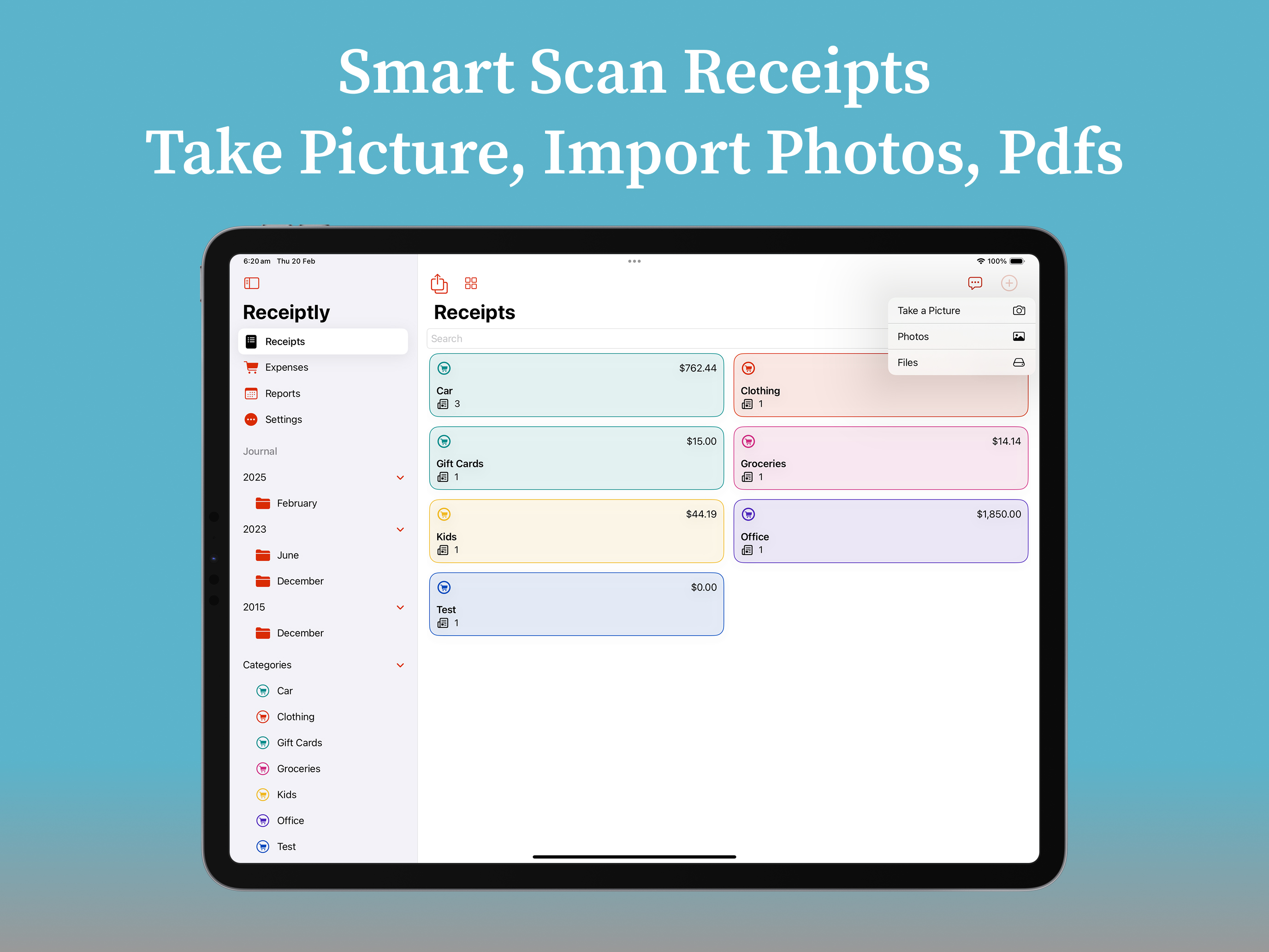 Receiptly receipt management home screen on iPad
